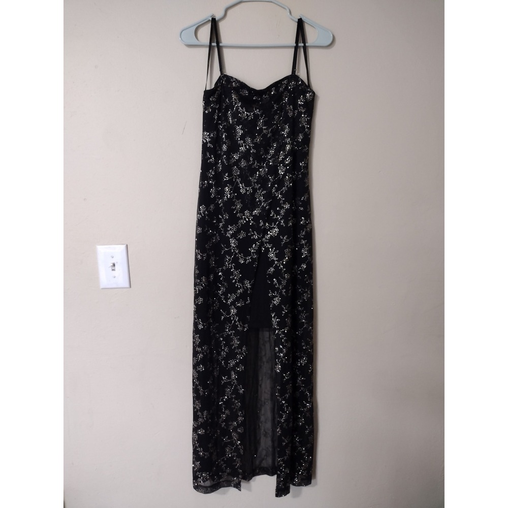 Next Up Black Gold Glitter Floral Mesh Maxi Dress Sweetheart Slit Vintage Size M
